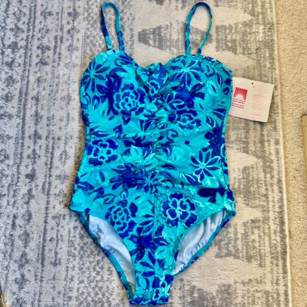 NWT It Figures! Tummy Thinner Turquoise and Blue Floral One Piece Swimsuit